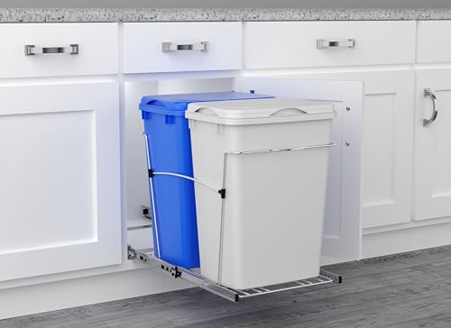 Rev-A-Shelf Double Pullout Garbage Trash Cans for Kitchen Cabinets, 35 Qt | Large Capacity Waste/ Recycling Bins, Heavy Gauge Wire Construction, with Full Extension Slides, Blue/White, RV-18KD-11RC-S