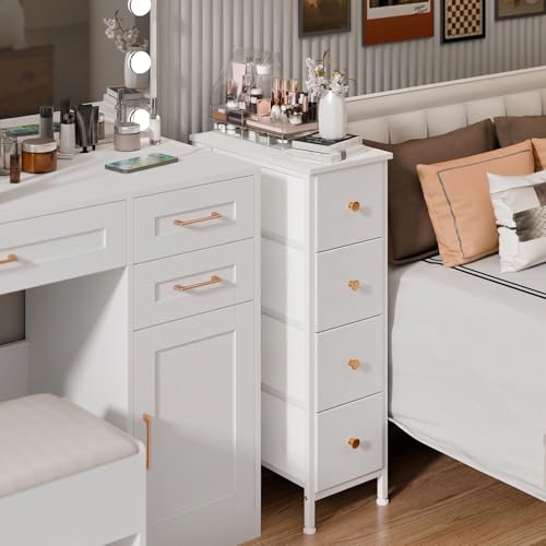 Fixwal Narrow Storage Cabinet, Small Dresser with 4 Drawers, Slim Fabric Nightstand for Small Spaces, White Dresser for Bathroom, Dorm, Bedroom, Laundry, Closet