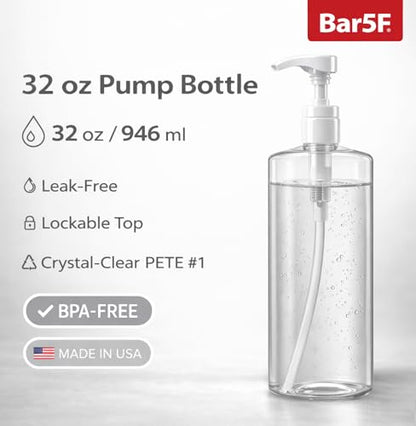 Bar5F Pump Bottle (2-Pack 32-Ounce 1-Liter) Empty for Shampoo Conditioner Body Wash Lotion BPA-Free Crystal-Clear