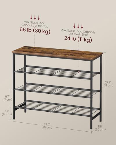 VASAGLE Shoe Rack, Shoe Storage Rack for Closet, Entryway, Living Room, Free Standing Metal Organizer Shelf, 4 Tiers, 11.8 x 29.5 x 27.2 Inches, for 12–16 Pairs, Rustic Brown and Ink Black ULBS049KD01