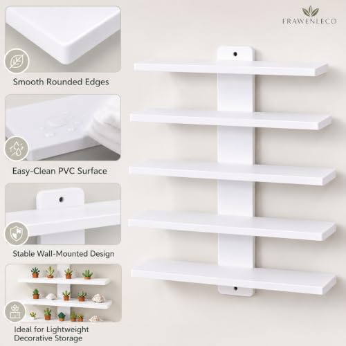 No Drill Wall Shelf, 5-Tier White Floating Shelves with Adhesive, Thickened 12mm PVC Board, Damage-Free Wall Mounted Organizer for Bathroom, Kitchen, Living Room, Bedroom(White)