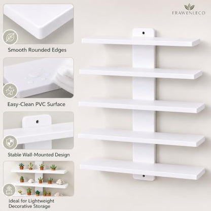 No Drill Wall Shelf, 5-Tier White Floating Shelves with Adhesive, Thickened 12mm PVC Board, Damage-Free Wall Mounted Organizer for Bathroom, Kitchen, Living Room, Bedroom(White)