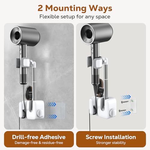 MoKo Hair Dryer Holder Wall Mount, Anti-Sag Adjustable Blow Dryer Stand | Anti-sag knob lock, 360° rotation, Height adjustable, Storage slot and cable management, No drill installation needed.