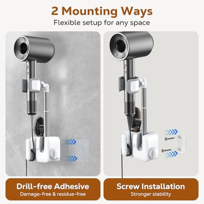 MoKo Hair Dryer Holder Wall Mount, Anti-Sag Adjustable Blow Dryer Stand | Anti-sag knob lock, 360° rotation, Height adjustable, Storage slot and cable management, No drill installation needed.
