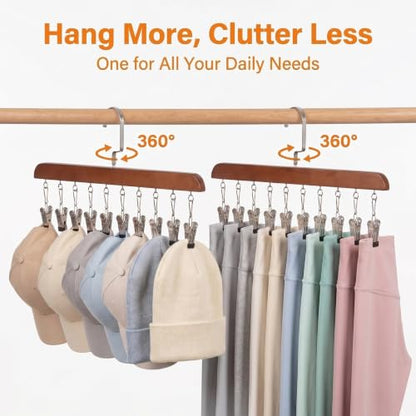 2 Pack Wooden Legging Hanger for Closet, Closet Organizer and Storage with 10 Clips Holds 20 Leggings, 360°Swivel Hook & Space Saving for Pants, Yoga Pants, Hats, Caps, Underwear, Ties, Bags