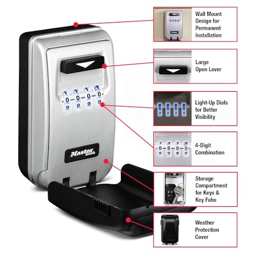 Master Lock 5425D Set Your Own Combination Wall Mount Lock Box with Light Up Dials, 6 Key Capacity, Black