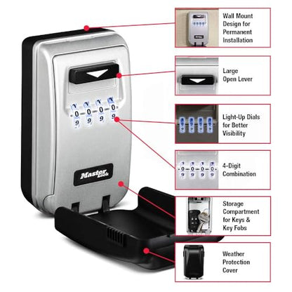 Master Lock 5425D Set Your Own Combination Wall Mount Lock Box with Light Up Dials, 6 Key Capacity, Black