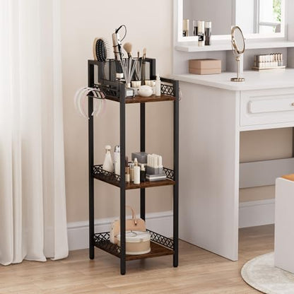 Bathroom Storage and Organizer Shelf Hair Dryer Holder, 9.85in | 3-Tier Narrow Metal Standing Rack with Toilet Paper Holder,Makeup Stand for Cosmetic, Vanity, Kitchen, Laundry Rustic Brown
