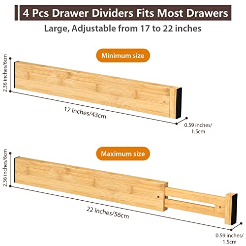 4 PCS Drawer Divider, 17"-22" Adjustable Bamboo Drawer Dividers Organizers, Expandable Separators for Kitchen, Clothes, Dressers, Home, Office