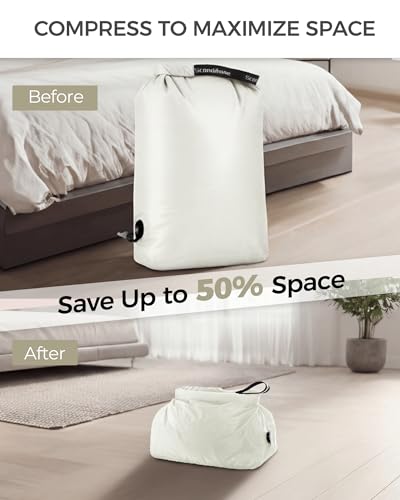Compression Travel Laundry Bag for Dirty Clothes, Pump-Free Laundry Bag for Suitcase & Dorm, Waterproof Wet Dry Clothes Organizer, Large Capacity Space Saving Travel Bag (1 Pcs)(White, L)