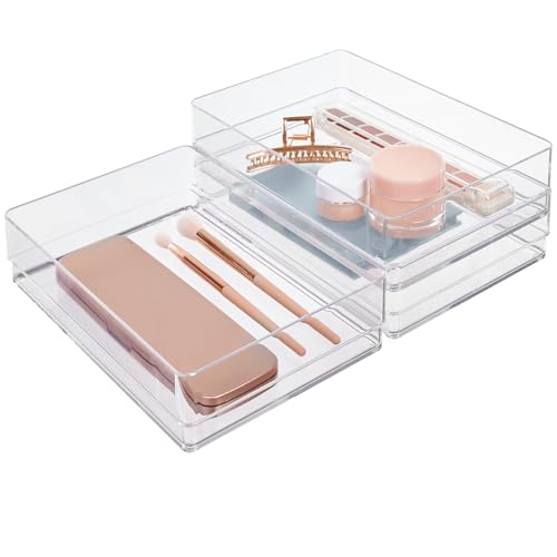 STORi SimpleSort 3-Piece Stackable Clear Drawer Organizer Set | 9" x 6" x 2" Rectangle Trays | Wide Makeup Vanity Storage Bins and Office Desk Drawer Dividers | Made in USA