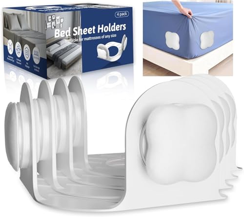 Sheet Holders 4 Pack,Bed Sheet Grippers One-Size-Fits-Most, Bed Sheet Holders for Corners Easy Installation Keeps Fitted Sheet Tight All Night(White)