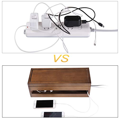 Changsuo Cable Management Box Wooden Cord Organizer Box for Extension Cord Power Stripe Surge Protector Wire Management Concealer Cover Hider for Desktop Home Office Kitchen (Brown)