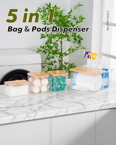 iCASA Trash Bag Dispenser Dishwasher Pods Container Under Sink Organizer | 5 in 1 Stackable Trash Bag Holder Garbage Bag Dispenser for 13/30/33 Gallon Bags, Clear Storage Bins Laundry Pods Container
