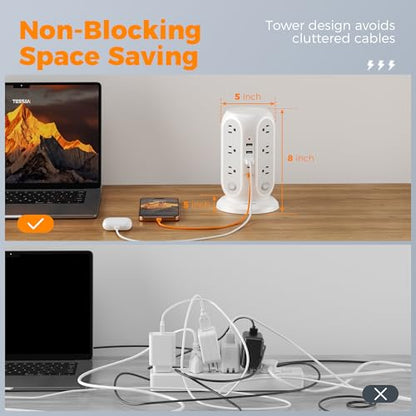 TESSAN Tower Power Strip Surge Protector, Flat Extension Cord 10 Ft, Grey | Individual Switches with 12 Outlets, 5 USB Ports(2 USB C), Flat Plug, Charging Station for Multiple Devices, Office, Dorm