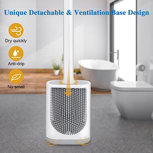 Silicone Toilet Brush and Holder, Wall Mounted No Rust Problem White | TPR Small and compact Flex Flat head Scrubber Ergonomics Modern Cute Bendable Matte Hidden Bathtub