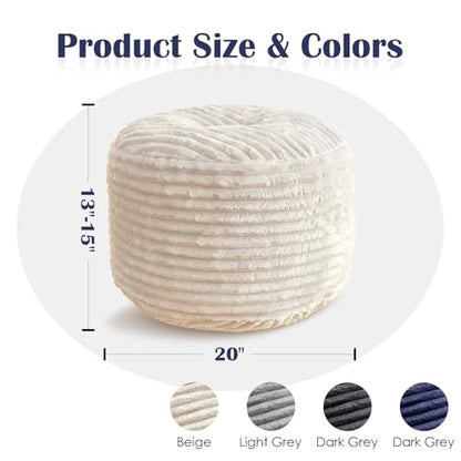 Stuffed Round Ottoman,Corduroy Pouf Ottoman Foot Rest,20 X 15 in,Beige | Memory Foam Filling,Pouf Storage Ottoman Footstool for Living Room,20 X 15 Floor Poufs for Couch,Footrest Only