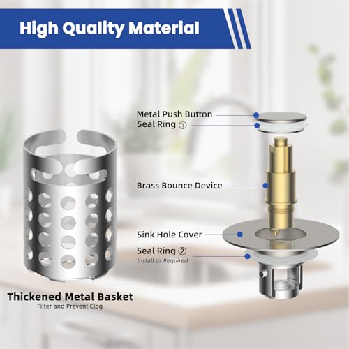 Universal Bathroom Sink Drain Strainer Hair Catcher, Brushed Nickel | Upgraded with Removable Stainless Steel Filter Basket, 3 in 1 Pop Up Sink Stopper for 1.1''~2.36'' Sink Basin Hole