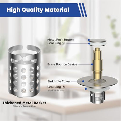 Universal Bathroom Sink Drain Strainer Hair Catcher, Brushed Nickel | Upgraded with Removable Stainless Steel Filter Basket, 3 in 1 Pop Up Sink Stopper for 1.1''~2.36'' Sink Basin Hole