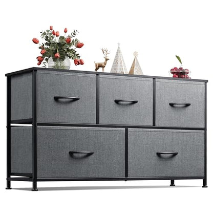 WLIVE Wide Dresser for Bedroom, 5 Drawer Chest of Drawers, Dark Grey | 5 roomy fabric drawers, Wide storage design, Bedroom or closet use, Sturdy steel frame, Smooth wood tabletop