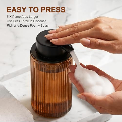 Foaming Soap Dispenser, Amber Glass Foam Hand Soap Dispenser for Bathroom, 11 Fl Oz Ribbed Refillable Foaming Pump Bottle with Black Pump, Modern Dish Soap Foam Dispenser