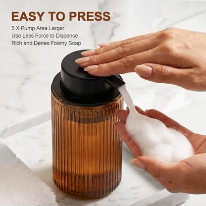 Foaming Soap Dispenser, Amber Glass Foam Hand Soap Dispenser for Bathroom, 11 Fl Oz Ribbed Refillable Foaming Pump Bottle with Black Pump, Modern Dish Soap Foam Dispenser