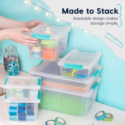 IRIS USA Storage Bins with Lids |Made in USA| 6 Qt - (4-Pack) - Clear | Sensory Craft Organizers, Plastic Clip Box Totes, Flat Containers for Organizing Paper, Office, Art & Study Supplies