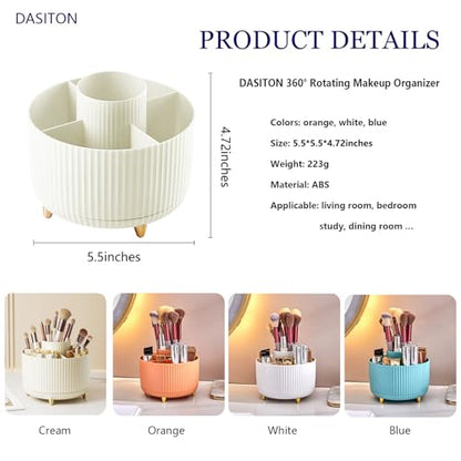 DASITON Large Capacity Makeup Brush Holder,360° Rotating Makeup Organizer,5 Slot Makeup Brushes Cup,for Vanity Decor,Bathroom Countertops,Desk Storage Container,Cosmetic Display cases(White)