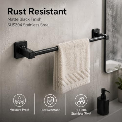 Matte Black Bathroom Hardware Set 4 Pieces,Bathroom Accessories Set Stainless Steel Wall Mounted, Hand Towel Bar, Towel Ring, Robe Towel Hooks,Toilet Paper Holder,Towel Bar Set, 23.6 Inch