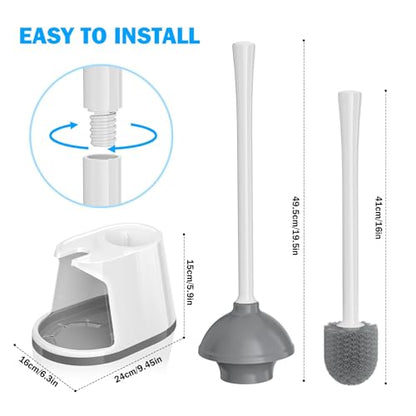 Toilet Plunger and Brush Set, Bowl Brush and Heavy Duty Toilet Plunger with Ventilated Holder, 2-in-1 Toilet Brush and Plunger Combo for 5.3-inch Toilet Drain Bathroom Deeply Cleaning(White & Grey)