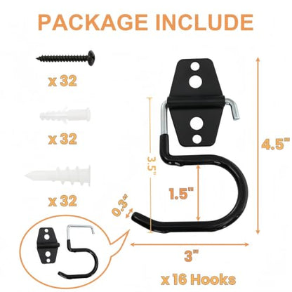 16 Pack Metal Broom Hooks, Heavy Duty Garage Holder Wall Mount, S Type Anti-Slip Mop Rack, Cleaning Tools Holder Storage Organizer Hanger for Shovel Rakes Shed Garden Lawn Yard