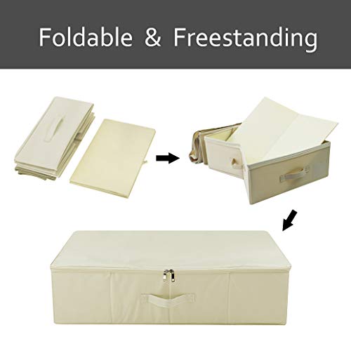 Folding Underbed Shoes Clothes Storage Organizer Basket with Zip Lid,Beige | Underbed Clothes Organizer Basket, Garment Storage Boxes, folding washable rigid sturdy storage bins for clothing shoes duvet
