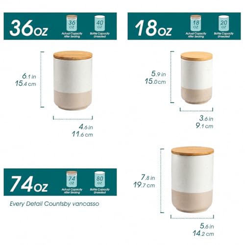 vancasso Sabine Kitchen Canister Set of 3, Ceramic Food Storage Containers with Airtight Wood Lids, Countertop & Pantry Organization for Flour, Sugar, Coffee, Tea & Snacks
