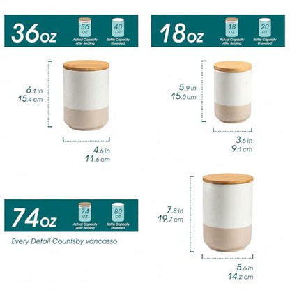 vancasso Sabine Kitchen Canister Set of 3, Ceramic Food Storage Containers with Airtight Wood Lids, Countertop & Pantry Organization for Flour, Sugar, Coffee, Tea & Snacks