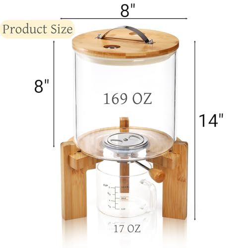 5L Glass Rice Dispenser, Cereal Container with Bamboo Stand, Large Airtight Food Storage Bin, Rice Organization Tank with Measuring Cup for Grain Coffee Beans Dry Food