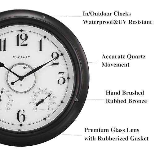 18 Inch Large Illuminated Outdoor Clocks Waterproof, Bronze Black | Built In Adjustable Thermometer & Hygrometer, IP65 Weatherproof, Accurate & Easy to Read for Patio,Pool & Home Decor