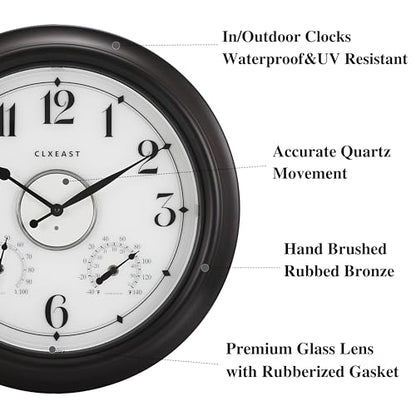 18 Inch Large Illuminated Outdoor Clocks Waterproof, Bronze Black | Built In Adjustable Thermometer & Hygrometer, IP65 Weatherproof, Accurate & Easy to Read for Patio,Pool & Home Decor