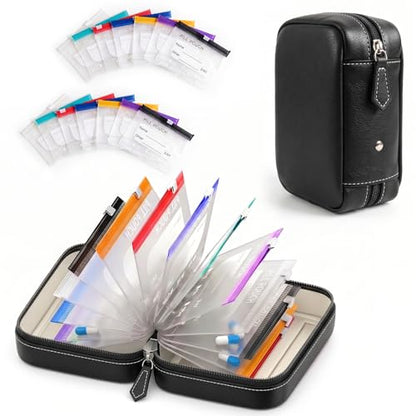 Waterproof Pill Organizer Set, 7-Day AM/PM Weekly Medication Case with 14 Pouches (7 Distinct Colors), Travel Waterproof Pill Pouch, BPA-Free Compact Zippered Storage Binder for Travel, Daily (Black)