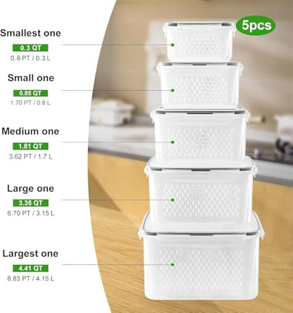 5 PCS Large Fruit storage Containers for Fridge with Colanders and Choppers