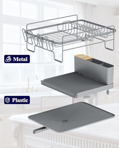 Kitsure Extendable Large Dish Drying Rack, 18.2"-25.7" L x 12.9" W, Grey | Large Drying Dish Rack with Cutlery, Cup Holders, Multifunctional Dish Rack for Counter with Drainage, Anti-Rust Dish Drainer