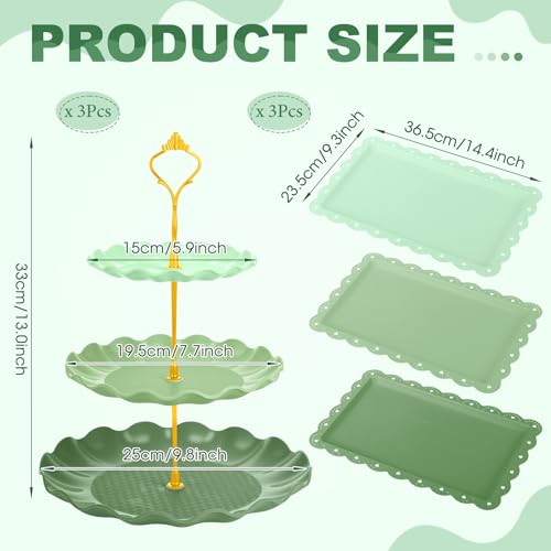 FoldTier 6 Pack Cupcake Stand Set 3 Pcs 3 Tier Gradient Dessert Table Display Stands Cookie Tray Rack 3 X14 in Rectangle Party Trays for Wedding Birthday Tea Party Baby Shower(Green,Round)