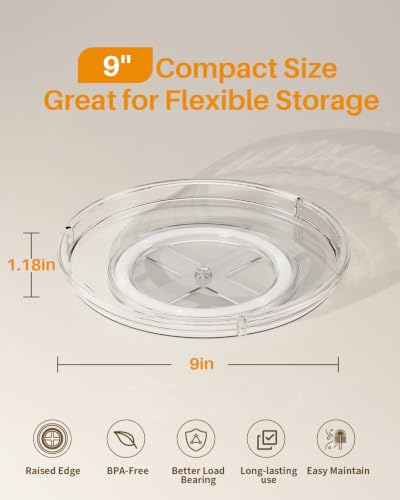 LAMU 2 Pack Lazy Susan Organizer 9 inch Lazy Susan Turntable for Cabinet, Rotating Spice Organization for Cabinet, Kitchen, Table Top, Countertop, Pantry Fridge Organizers and Storage, Clear