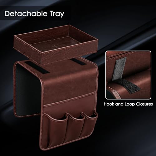 SITHON Sofa Remote Control Holder with Detachable Tray [Non Slip] | PU Leather Chair Couch Armrest Organizer Caddy with 5 Pockets for Magazines Phone iPad Remote Game Controller Eyeglasses