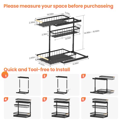 Under Sink Organizer and Storage 2 Pack 3 Tier Kitchen Bathroom Organizers | 3 Tier Black Undersink Organizers - Pull Out Cabinet Organization for Home Shelves and Drawers Cleaning Supplies Organizer