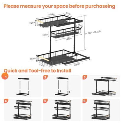 Under Sink Organizer and Storage 2 Pack 3 Tier Kitchen Bathroom Organizers | 3 Tier Black Undersink Organizers - Pull Out Cabinet Organization for Home Shelves and Drawers Cleaning Supplies Organizer