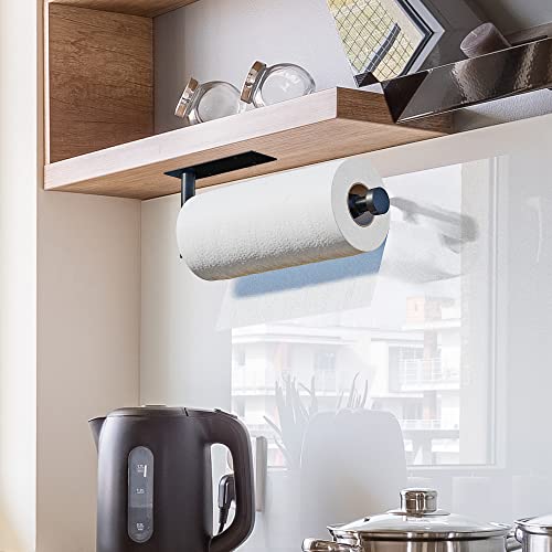 DEKAVA Under Cabinet Wall Mount Paper Towel Holder, Self-Adhesive Bar, Stainless Steel 13 inch (Black)