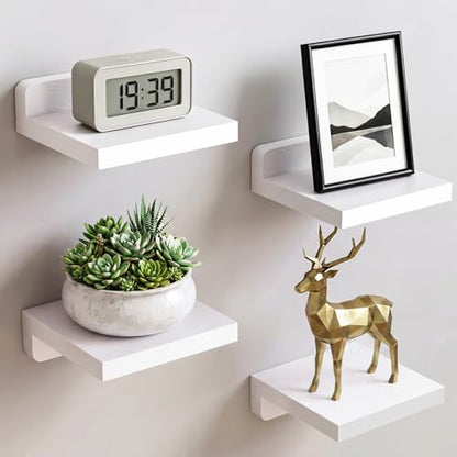 Fixwal Small Floating Shelves for Wall Decor (5Inch, Wood, White, Set of 4) | Rustic wood shelf for displaying mini frames, plants, collectibles. Fits bedroom, living room, bathroom, kitchen, or office.