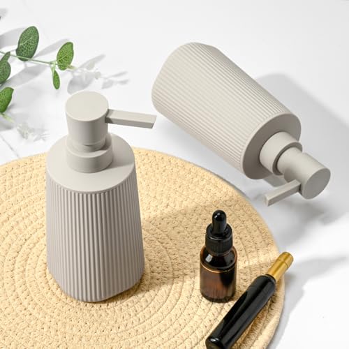 Beige 2 Pack Hand Soap Dispensers Set | with No Rust Pump for Bathroom and Kitchen Countertops Refillable Matte Striped Plastic 8.5 oz