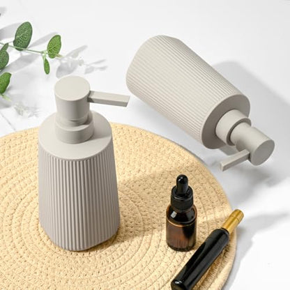 Beige 2 Pack Hand Soap Dispensers Set | with No Rust Pump for Bathroom and Kitchen Countertops Refillable Matte Striped Plastic 8.5 oz