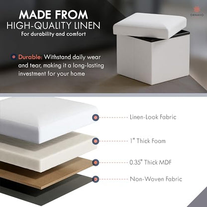 Ornavo Home Small Square Storage Ottoman, Foldable Linen, 12x12x12, White | Collapsible Cube Design; Foot Rest Stool Seat; Ideal for Living Room, Bedroom, Home Office or Dorm